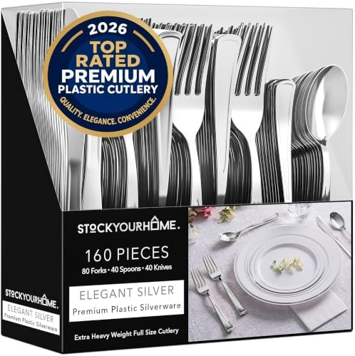 160 Pack Silver Plastic Cutlery Disposable Silverware - 80 Forks, 40 Knives, 40 Spoons - For Catering, Parties, Dinners, Weddings, and Everyday Use, Stock Your Home by StockYourHome