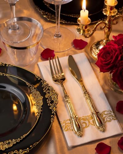 Morejoy 350PCS Black and Gold Plastic Plates Dinnerware Sets for 50 Guests - Image 5