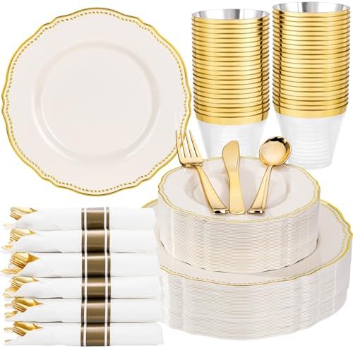 Hioasis 175 Pcs Ivory Gold Plastic Plates Wedding & Party by Hioasis
