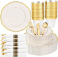 Hioasis 175 Pcs Ivory Gold Plastic Plates Wedding & Party by Hioasis