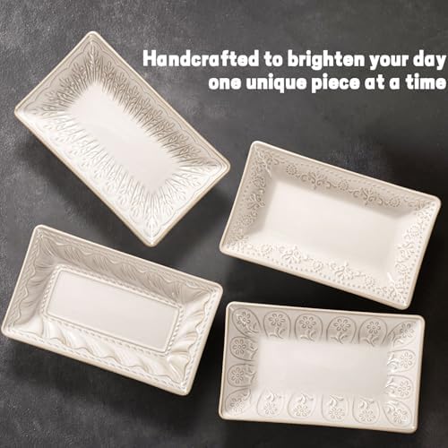 Artena Appetizer Plates Set of 4, 8.25" Embossed Ceramic Rectangular Dessert Plates, Deep Lipped Edges, Microwave & Dishwasher Safe, Salad Sushi Snack Serving Plates (White, Wheat Leaf) - Image 4