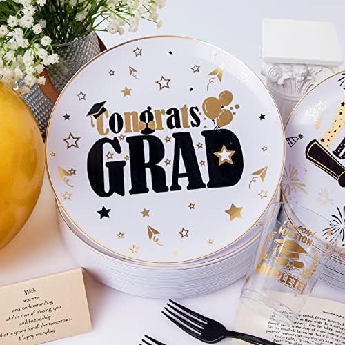 Liacere 150PCS Graduation Plastic Plates - Disposable Black and Gold, Graduation Party include 50Plates 25Knives 25Forks 25Spoons 25Cups - Image 4