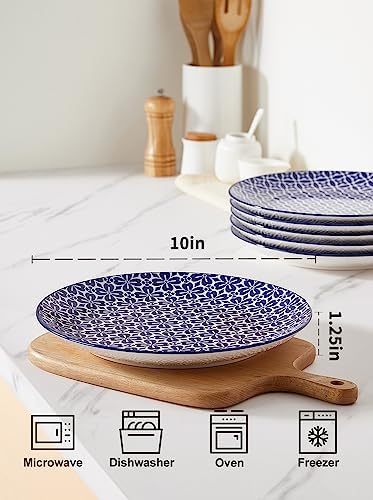 Metahom 10" Dinner Plates Set of 6, Ceramic Serving Plates, Blue & White - Image 2