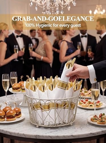 Supernal 60pack Pre Rolled Gold Plastic Silverware Set with Napkins - Image 3