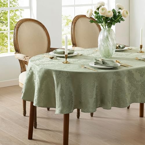 Newbridge Barcelona Damask Fabric Tablecloth, 60 x 84 Inch Oval, Sage Green – No Iron, Soil Resistant Table Cover for Dining, Parties and Holidays by HomeBargainsPlus