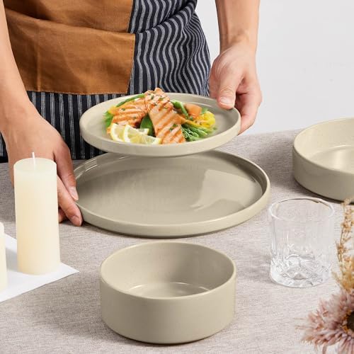 Herogo 24 Piece Dinnerware Sets with Double Bowls, Stoneware Plate and Bowls Set for 6, Ceramic Dinner Dishware for Kitchen Dining, Microwave & Dishwasher Safe, Speckled Khaki - Image 5