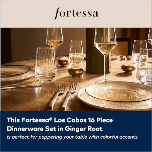 FORTESSA Los Cabos Tableware, 16-Piece Glass Dinnerware Set with 4 Dinner Plates, 4 Salad Plates, 4 Coupe Bowls and 4 Cereal Bowls, Dishwasher-Safe Glass Plate Set, Ginger Root - Image 3