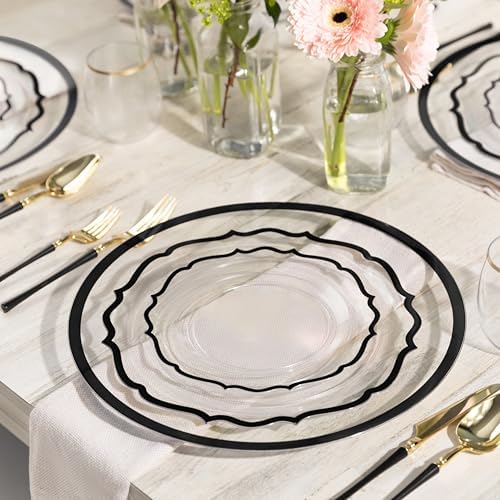 PLASTICPRO 64 Pack Elegant Disposable Plastic Plates Combo Set Includes 32 Dinner Plates and 32 Salad Plates Heavy Duty Fancy Party Plates Clear & Black Contemporary Design - Image 4