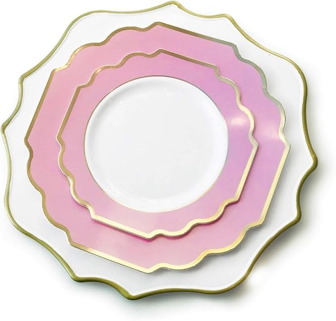 " OCCASIONS " 240 Plates Pack (120 Guests) Heavyweight Wedding Party Disposable Plastic Plates Set -120 x 10.5'' Dinner + 120 x 8'' Salad/Dessert Plate (Imperial in Light Pink & Gold)