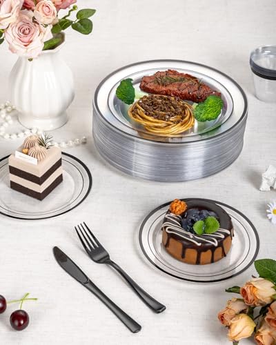 Goodluck 175 Pcs Disposable Clear and Black Party Plate Cup Napkin Sets - Image 4