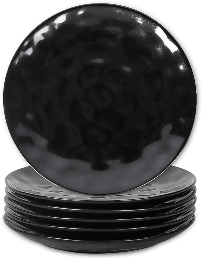 vicrays Ceramic Dessert Salad Plates, 8 Inch, Microwave, Oven, and Dishwasher Safe, Round, Porcelain Fluted Suitable for Snacks, Appetizer, Home, Party, Restaurant - Set of 6 Black