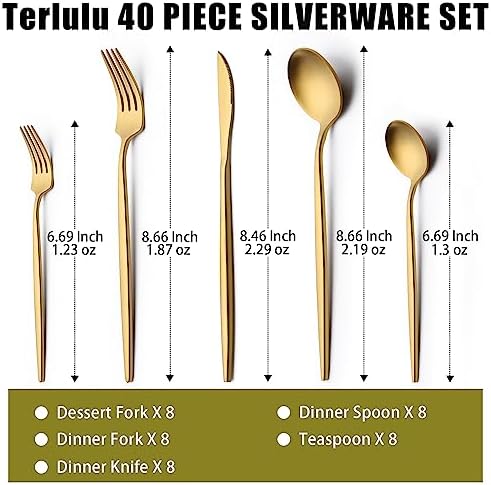 40 Piece Gold Silverware Set for 8, Terlulu Stainless Steel Flatware Set, Gold Cutlery Set Utensils Set, Tableware Include Forks Knives Spoons for Home Kitchen Restaurant Wedding, Satin Finish - Image 2