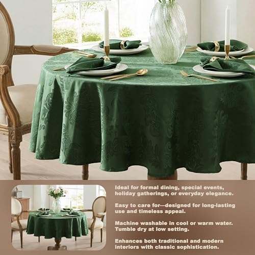 Newbridge Barcelona Damask Fabric Tablecloth, 70 Inch Round, Hunter Green – No Iron, Soil Resistant Table Cover for Dining, Parties and Holidays - Image 4