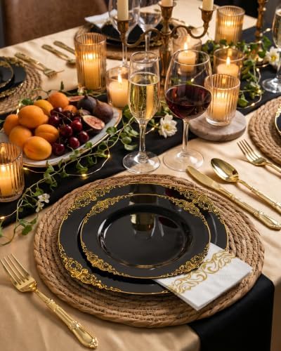 Morejoy 350PCS Black and Gold Plastic Plates Dinnerware Sets for 50 Guests - Image 2