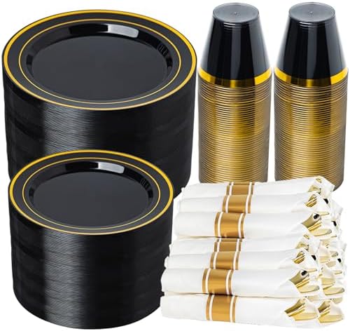 N9R 350PCS Black Gold Plastic Plates, Disposable Dinnerware Set for Party by N9RTABLEWARE
