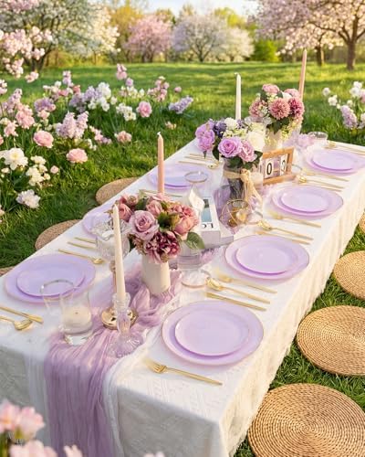 bUCLA 150PCS Purple Plastic Plates - Light Purple and Gold Disposable - Include 25 Each (Dinner & Dessert) lavender Plates, 25 Knives, 25 Forks, 25 Spoons & 25 Cups for Party, Birthday & Wedding - Image 5
