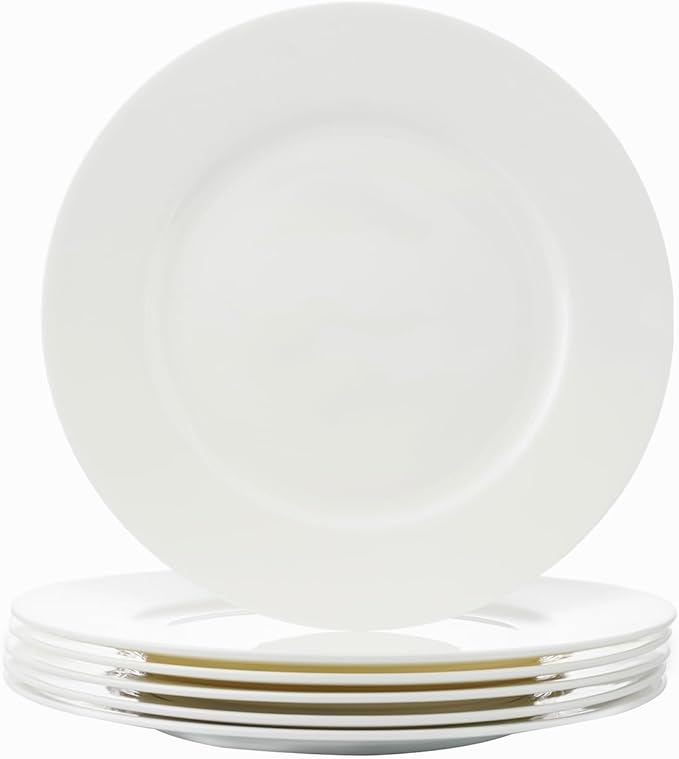 Fine Bone China Dinner Plates 6-Piece, Flate Plate, Pasta Plate 10.75 Inches, Fine Glaze With Pure White Color Sturdy and Durable, Thin Thickness and Light Weight, Microwave and Dishwasher Safe