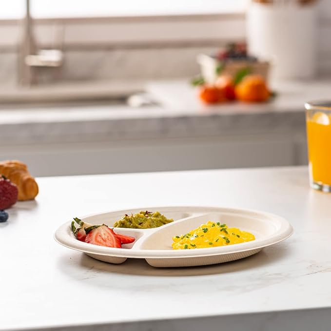 GUSTO [Case of 500 9 Inch Heavy-Duty 100% Compostable, 3 Compartment Eco-Friendly, Kraft Disposable Sugarcane Paper Plates - Brown Unbleached (Formerly Comfy Package)