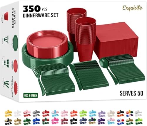 350 Pcs Christmas Plastic Plates for Party Red & Green Disposable Plates Set 50 of Each 9 Dinner Plate Set 7 Dessert Plate Cups Napkins & Cutlery Plastic Dinnerware Exquisite by Exquisite