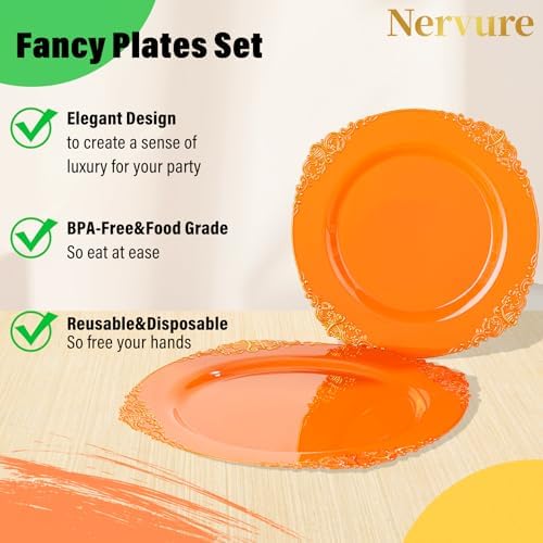 Nervure 175Pcs Orange Plastic Plates, Plastic Dinnerware Set for 25 Guests - Image 4