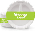 three leaf 10" 3 COMPARTMENT BAGASSE ROUND PLATE, 25 Ct. Heavy-Duty- Super Strong- Natural- Eco-Friendly Disposable Bagasse Plates, 100% Biodegradable 10 inch 3 compartment plates