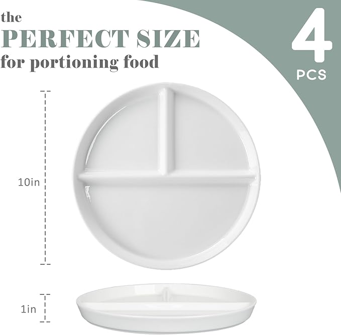 Ceramic Divided Plates Set of 4Pcs, large, White, Portion Control Plate, Reusable Bariatric Plate for Kids Adults, 3 Compartment Plates