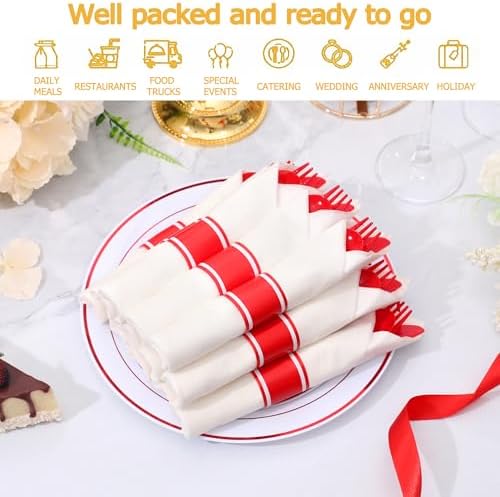 50 Pack Pre Rolled Red Plastic Silverware Set with Napkin - Image 5