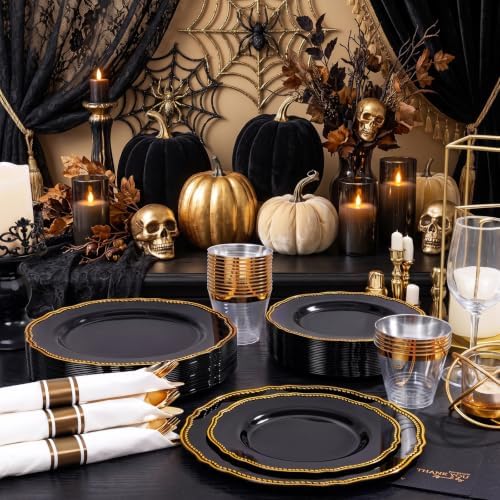 Hioasis 175 Pcs Black and Gold Plastic Plates Wedding & Party - Image 3