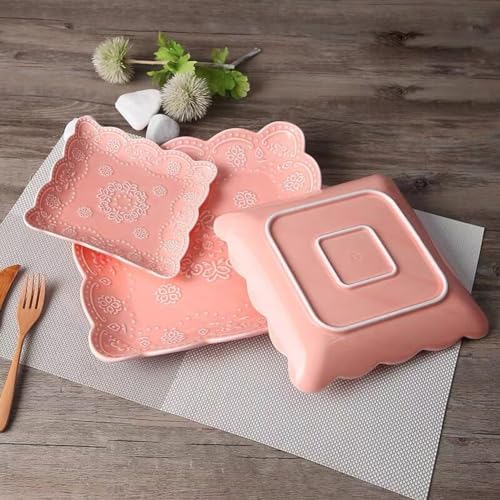 YBKTEX Ceramic Plate, Square Embossed Lace Plate (Pink, 6-inch) - Image 6