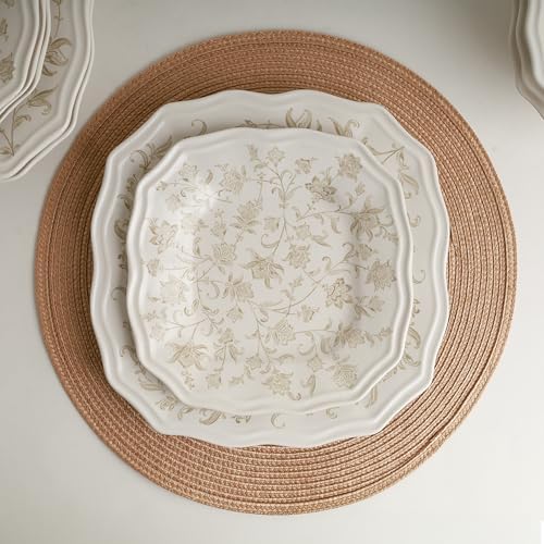 222 Fifth 12-Piece Porcelain Dinnerware Set for 4, Glossy Cream Plates and Bowls Set with Taupe Flowers, Elegant Square Ceramic Dish Set, Kitchen Tableware, Microwave & Dishwasher Safe, Batik Toile - Image 6
