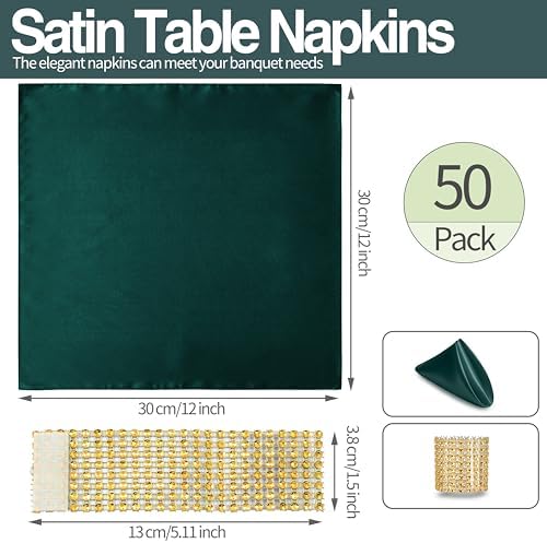 Dark Green Satin Napkins and Napkin Rings Set,100 Pack,12 x 12 Inch - Image 6