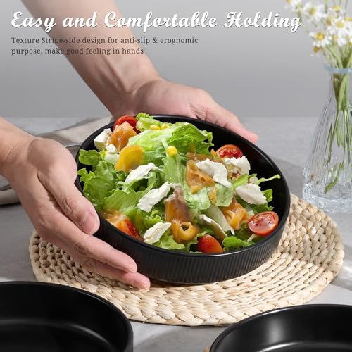 E-far Pasta Bowls Set of 4, 35oz Large Salad Bowl Plate for Dinner Serving Soup, Wide & Shallow Ceramic Stoneware Pasta Plates, Microwave & Dishwasher Safe, Reactive Glaze Texture-Stripe, Matte Black - Image 4