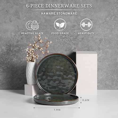 HaWare Stoneware Plates Set of 6, 7.9" Salad Plates, Reactive Glaze Ripple Ceramic Dish Set for Appetizer, Scratch Resistant, Small Dinner Plate, Microwave and Dishwasher Safe, Reactive Moss Green - Image 2