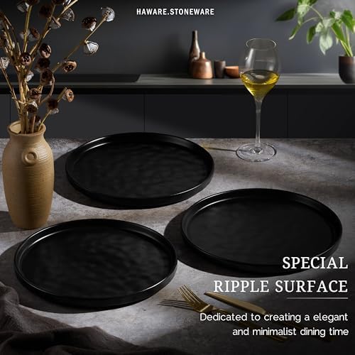 HaWare Stoneware Dinner Plates Set of 6, 10" Heavy Duty Ceramic Plate, Reactive Glaze Ripple Dinnerware for Home Restaurant, Chip and Scratch Resistant, Microwave and Dishwasher Safe, Matte Black - Image 3