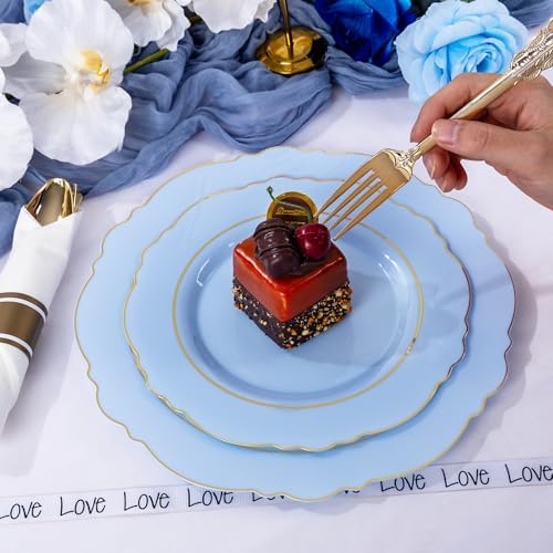 Liacere 175PCS Bule Plastic Plates - Disposable Ligh Bule and Gold Plates - Baroque Plastic Dinnerware 50Plates, 25Pack Pre Rolled Napkins with Silverware 25Cups for Baby Shower Party & Wedding - Image 4