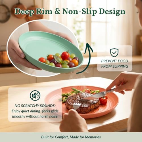 Homienly Unbreakable Deep Plates Set of 12 Wheat Straw Large Plates 10 Inch Microwave Safe Salad Plates Set for Bread & Butter, Burgers Plastic Plates Alternative for Picnic, Party (Vibrant Colors) - Image 4