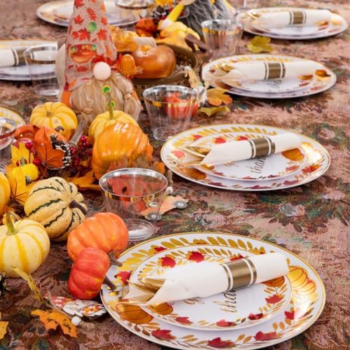 Rubtlamp 175Pcs Thanksgiving Plastic Plates, Gold Disposable Plates With Red Wreath, Fall Party Plates Include 75Gold Plastic Cutlery with Pre Rolled Napkins,25Dinner Platos, 25Salad Platos, 25 Cups - Image 7
