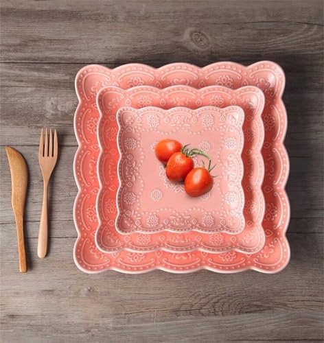 YBKTEX Ceramic Plate, Square Embossed Lace Plate (Pink, 6-inch) - Image 7