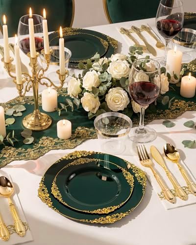 Morejoy 175PCS Green Plastic Plates - Green Gold Plastic Dinnerware Sets - Image 5