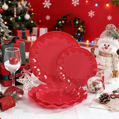 LIYH Red Christmas Plastic Plates Reusable Unbreakable, Dishwasher 25Guests - Image 4
