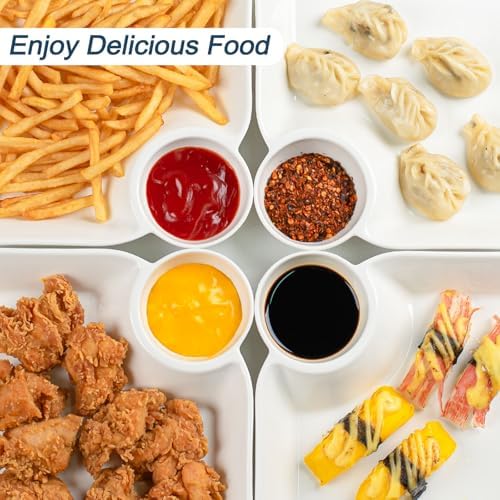 Chip and Dip Serving Platter Set of 4-8 Inch Ceramic Divided Plates with Sauce Compartment, Food-Safe Snack Plate for Dumpling, Sushi, Appetizer, Taco - White - Image 5