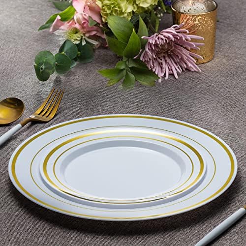 SETUP 60-Piece Gold Trim Plastic Dinnerware Set – 30 10.25" Dinner & 30 7.5" Salad Plates – Heavy-Duty Disposable for Weddings, Catering, Parties - Image 5