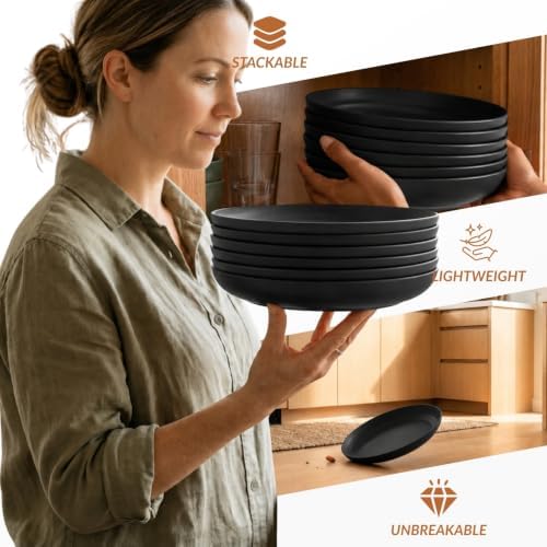 Homienly Wheat Straw Deep Plates 10 Inch Large Dinner Plates Set of 6 Unbreakable & Lightweight Plastic Plates for Salad,Pizza Microwave & Dishwasher Safe Plates Set for Serving,Camping,Dorm (Black) - Image 5