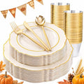 Liacere 150Pcs Ivory Plastic Plates-Ivory and Gold Disposable Plates Set- Ivory and Gold Rim Disposable Plastic Dinnerware include 50Plates,25Pack Silverware and 25Cups for Thanksgiving/Fall Party by Liacere