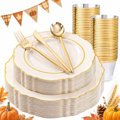 Liacere 150Pcs Ivory Plastic Plates-Ivory and Gold Disposable Plates Set- Ivory and Gold Rim Disposable Plastic Dinnerware include 50Plates,25Pack Silverware and 25Cups for Thanksgiving/Fall Party by Liacere
