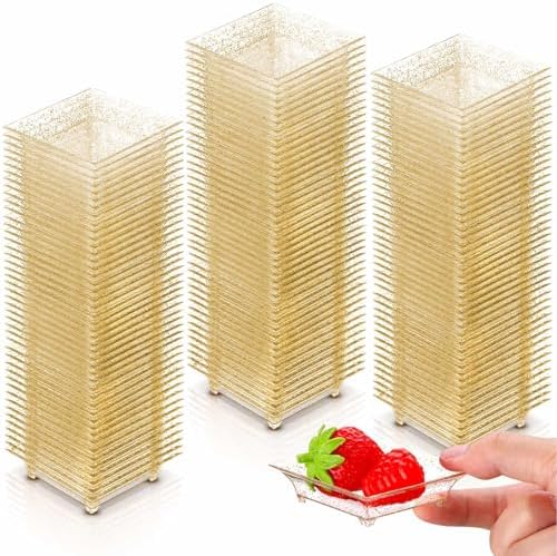 200 Pcs Small Square Gold Glitter Dessert Plates 2.3 Inch Mini Plastic Appetizer Plates Square Party Salad Tasting Sample Bowls for Weddings, Parties, Banquet Dinner, Family Gatherings by Sunnychicc
