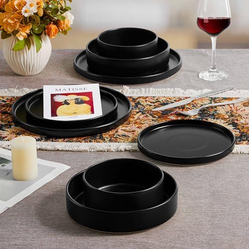 Herogo Dinnerware Sets with Pasta Bowls for 2, 8 Piece Dinner Salad Plates and Cereal Bowls, Stoneware Serving Dishes Dinner Ware for Home Kitchen, Dishwasher & Microwave Safe Dishware, Matte Black - Image 7