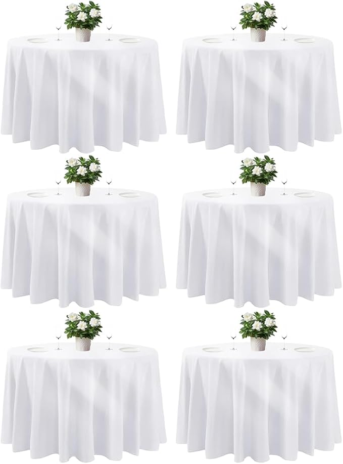 Cuckan 120 Inch Round Tablecloth, 6 Pack White Stain Resistant and Wrinkle-Free Polyester Table Cover for Wedding, Banquet, Party, Restaurant– [White], [6-Pack]