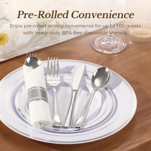 Goodluck 100 Pack Pre Rolled Silver Plastic Silverware, Wrapped Cutlery - Image 5