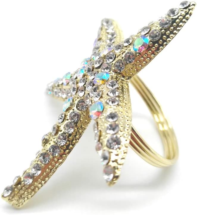 Crystal Starfish Napkin Rings Set of 12 - Rhinestone Coastal Nautical Napkin Ring Holders for Wedding Party, Beach/OceanTheme Dining Table Decoration Accessories (12)